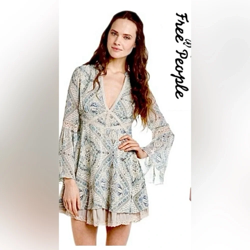 Free People Moonlight Bay mini dress | blue & white paisley print | size 8 - Picture 1 of 15